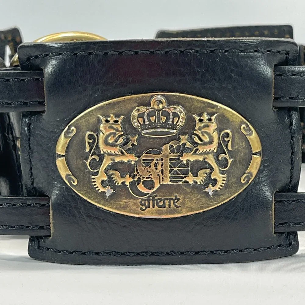 GF FERRE Black Leather Sectioned Belt with Bronze Plaques